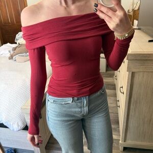 Abercrombie & Fitch Red Off Shoulder Long Sleeve Top